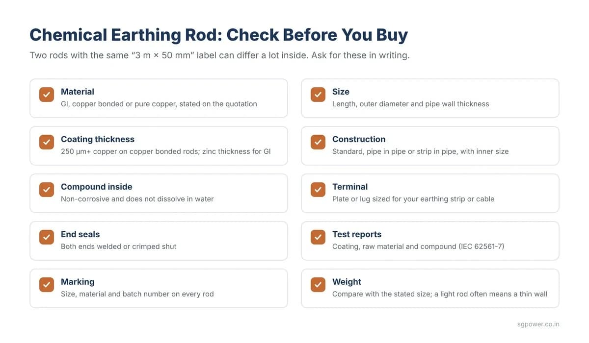 Chemical earthing rod buying checklist with ten quality checks