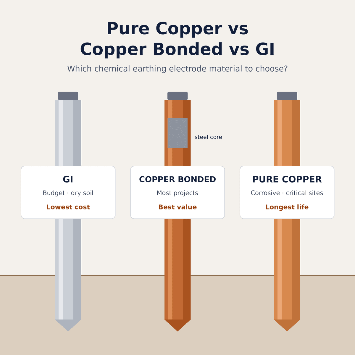 GI, copper bonded and pure copper chemical earthing electrodes compared side by side